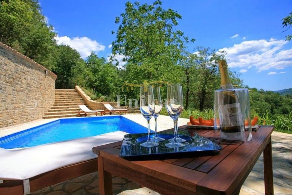 Prenovljena kamnita hiša s bazenom in pogledom na Motovun